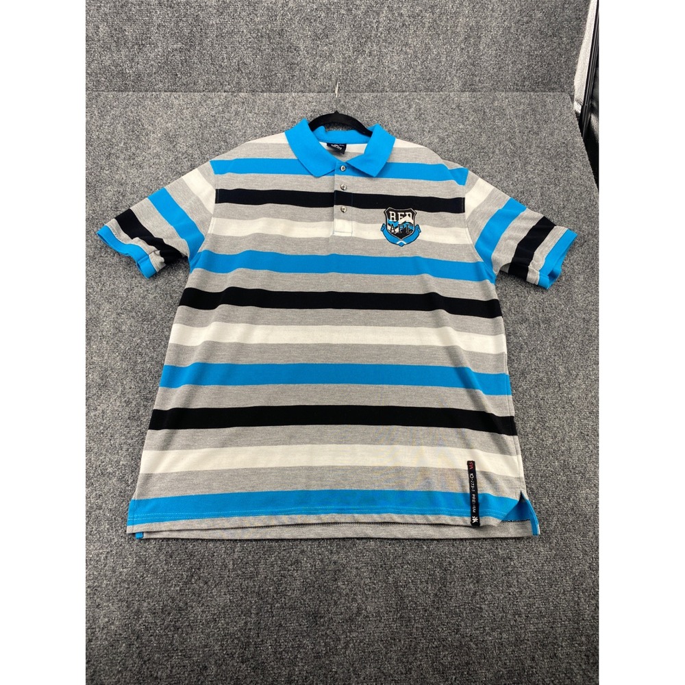 Red Ape Polo Shirt Mens 2XL Blue Grey Striped Short Sleeve Embroidered Logo